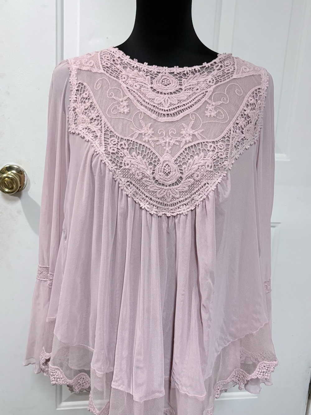 Ultra Pink Lace Yoke Sheer Flutter Blouse - Soft Pink